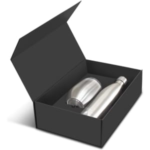 A silver drink bottle and a matching cup in a black gift box, featuring a sleek design and a logo.