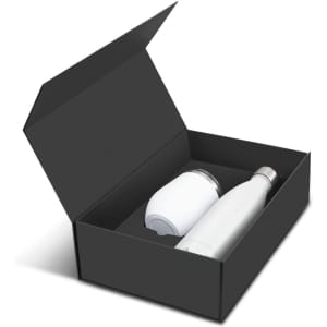A white drink bottle and a white insulated cup displayed in a black gift box. The box has a sleek, minimalist design.