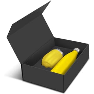 A yellow drink bottle and matching cup inside a black gift box, featuring a logo on the items.