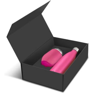 A pink drink bottle and a pink cup inside a black gift box, featuring a logo.