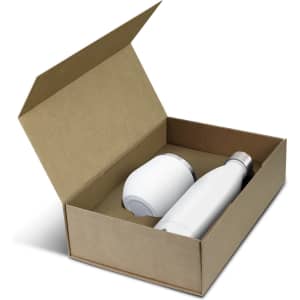 A white vacuum drink bottle and a white tumbler inside a brown cardboard gift box. The box is partially opened.