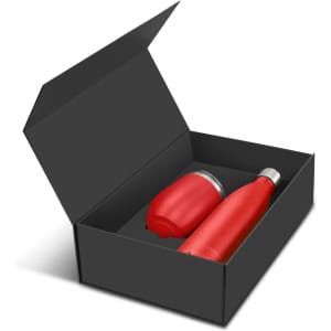 A red drink bottle and a red coffee cup in a black gift box with a lid partially open.