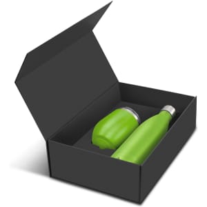 A green drink bottle and a matching cup, presented in a black gift box. The set includes a logo.