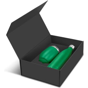A green drink bottle and a matching cup presented in a black gift box. The set includes a logo on the items.