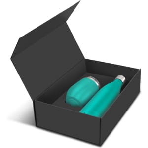 A teal drink bottle and a teal insulated mug in a black gift box with a lid.