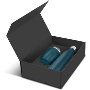 A teal drink bottle and a matching cup in a black gift box, featuring a logo on the products.