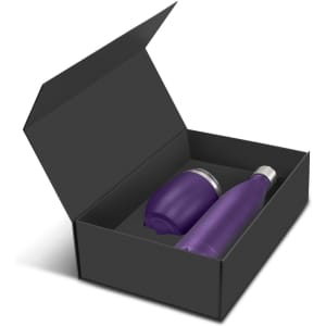 A purple drink bottle and tumbler are presented in a sleek black gift box. The set features a logo on the items.