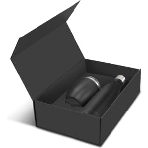 A black vacuum gift set featuring a drink bottle and a cup, presented in a sleek black box.