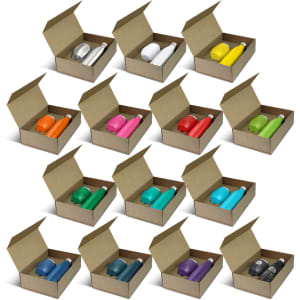 A collection of open boxes, each containing a drink bottle in various colours, including green, pink, and blue.