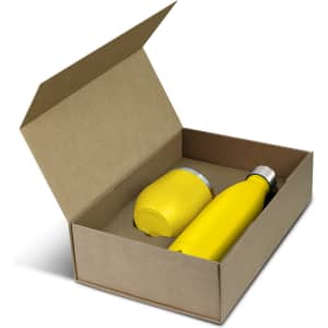 A yellow vacuum drink bottle and cup presented in a rectangular cardboard gift box.