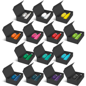 A vacuum gift set featuring various coloured drink bottles, each placed in a black box.