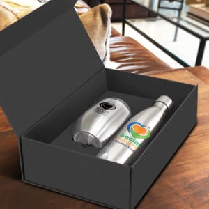 A stainless steel drink bottle and tumbler in a black gift box, featuring various logos.