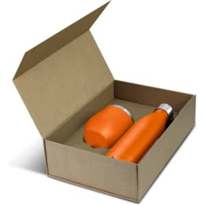 An orange drink bottle and cup in a cardboard gift box, featuring an unbranded logo.