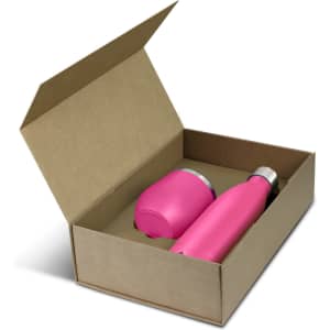 A pink vacuum drink bottle and cup nestled in a kraft gift box, featuring a simple, natural interior.