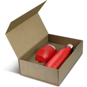 A red drink bottle and a red cup neatly packaged in a square, open cardboard box.
