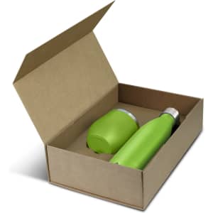 A green drink bottle and tumbler set inside a brown cardboard gift box. The box is open, revealing the contents.