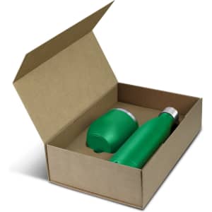 A green vacuum drink bottle and matching cup inside a brown gift box. The set includes a logo branding on the items.