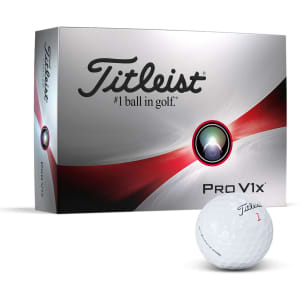 A box of white Titleist Pro V1X golf balls, featuring a logo and a sleek design in silver and red.