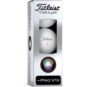 A box containing white Titleist Pro V1X golf balls, featuring a logo and a sleek silver design.