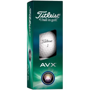 A green and white cardboard box containing Titleist AVX golf balls, featuring a logo and a window showing one ball.