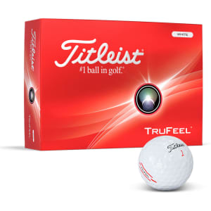 A white Titleist TruFeel golf ball alongside a red box featuring a logo, with a shiny finish.