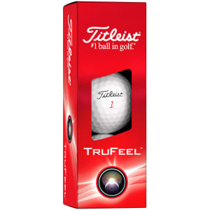 A red box of Titleist TruFeel golf balls with a visible white golf ball inside and a logo on the packaging.