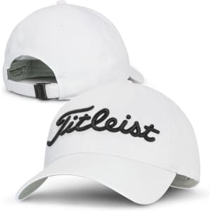 A white cap featuring a large embroidered logo and an adjustable strap at the back.