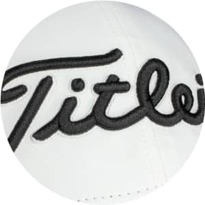 A white cap featuring embroidered text and a logo. Suitable for headwear and sports use.