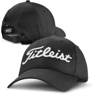 A black cap with a curved brim and a logo on the front, featuring an adjustable strap at the back.