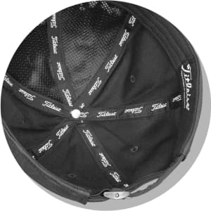 A black cap featuring a logo, viewed from the inside showing the lining and stitching details.