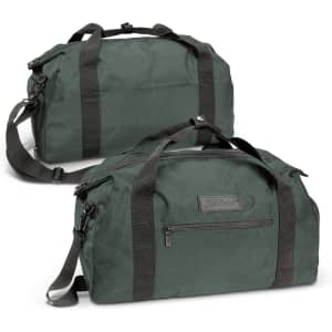 A dark green duffle bag with black straps, featuring a zippered pocket and a logo on the front.