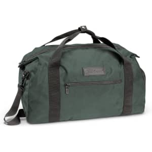 A dark green duffle bag with dual handles and a shoulder strap, featuring a front zip pocket and a logo.