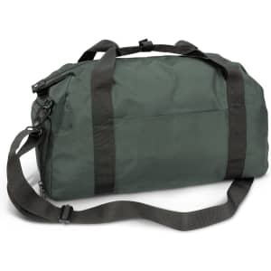 A dark green duffle bag with dual handles and an adjustable shoulder strap, featuring a logo.