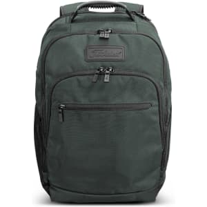 A dark green backpack with multiple zippered compartments and a logo on the front.