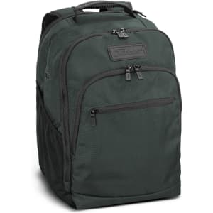 A green backpack with a textured surface, featuring multiple zippered compartments and a branded logo.
