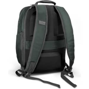 A dark green backpack with padded straps and a handle, featuring a logo on the side.