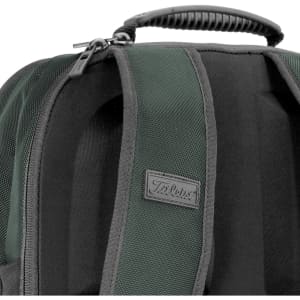 A dark green backpack featuring a textured surface and a carry handle, with a logo present on the front.