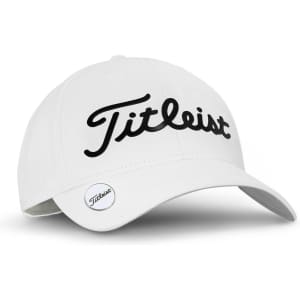 A white cap featuring a branded logo and a curved peak, designed for golf enthusiasts.
