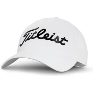 A white golf cap featuring a branded logo on the front, designed for performance and style.