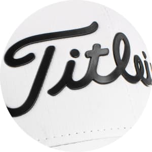 A white cap with a black logo, featuring a sleek design suitable for golf enthusiasts.