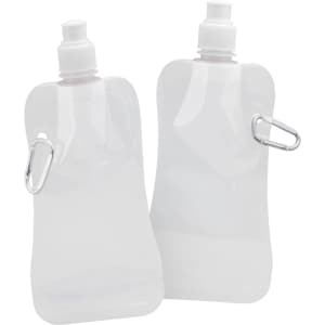 A drink bottle in translucent white plastic with a screw cap and a metal carabiner attachment.