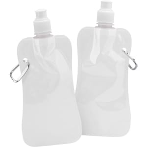 A drink bottle in clear plastic, featuring a removable cap and a metal attachment loop. Two bottles are displayed.