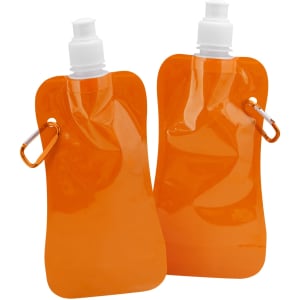 A drink bottle in vibrant orange, featuring a screw top and a carabiner clip, with a subtle logo.