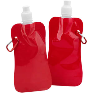 A drink bottle in vibrant red, with a flexible design and a cap, featuring a metal loop for attachment.