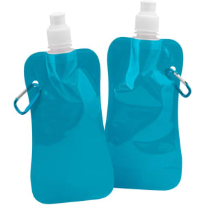 A drink bottle in turquoise, featuring a flexible design and a white cap with a clip attachment.