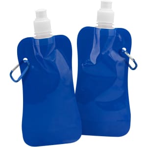 A drink bottle in vibrant blue with a white spout and a carabiner clip, featuring a smooth, flexible design.