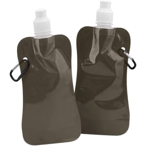 A drink bottle in olive green with a screw cap and a carabiner for easy attachment. It has a logo on the side.