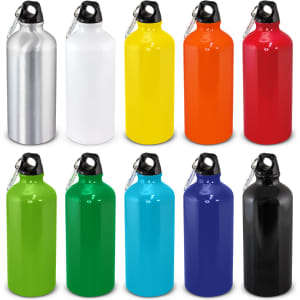 A drink bottle collection featuring metallic silver, white, yellow, orange, red, green, blue, and black colours. Each bottle has a handle.