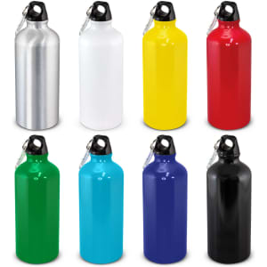 A drink bottle collection featuring silver, white, yellow, red, green, turquoise, blue, and black colours. Each has a logo.