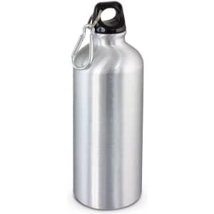 A drink bottle in a sleek silver finish with a black top and a metal carabiner attached.